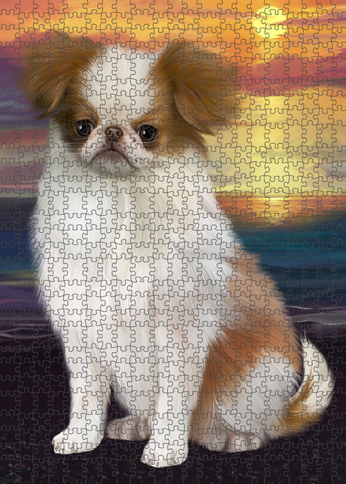 Sunset Japanese Chin Dog Portrait Jigsaw Puzzle for Adults Animal Interlocking Puzzle Game Unique Gift for Dog Lover's with Metal Tin Box PZL130