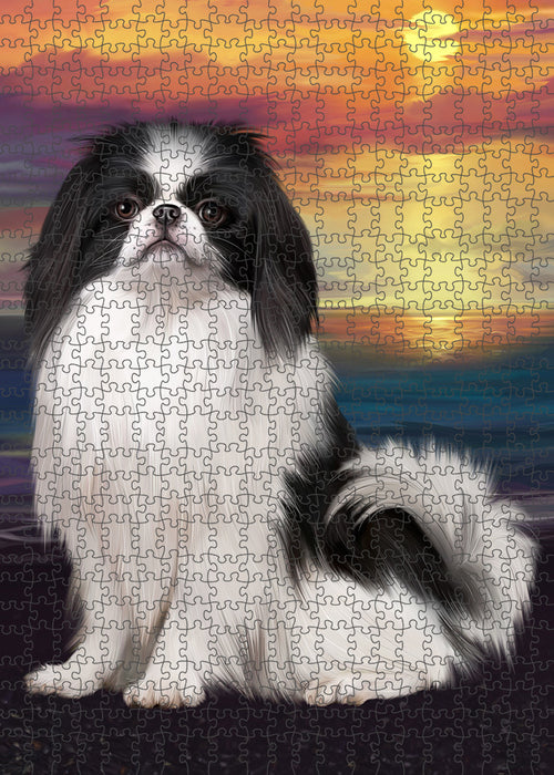 Sunset Japanese Chin Dog Portrait Jigsaw Puzzle for Adults Animal Interlocking Puzzle Game Unique Gift for Dog Lover's with Metal Tin Box PZL131