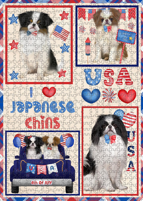 4th of July Independence Day I Love USA Japanese Chin Dogs Portrait Jigsaw Puzzle for Adults Animal Interlocking Puzzle Game Unique Gift for Dog Lover's with Metal Tin Box
