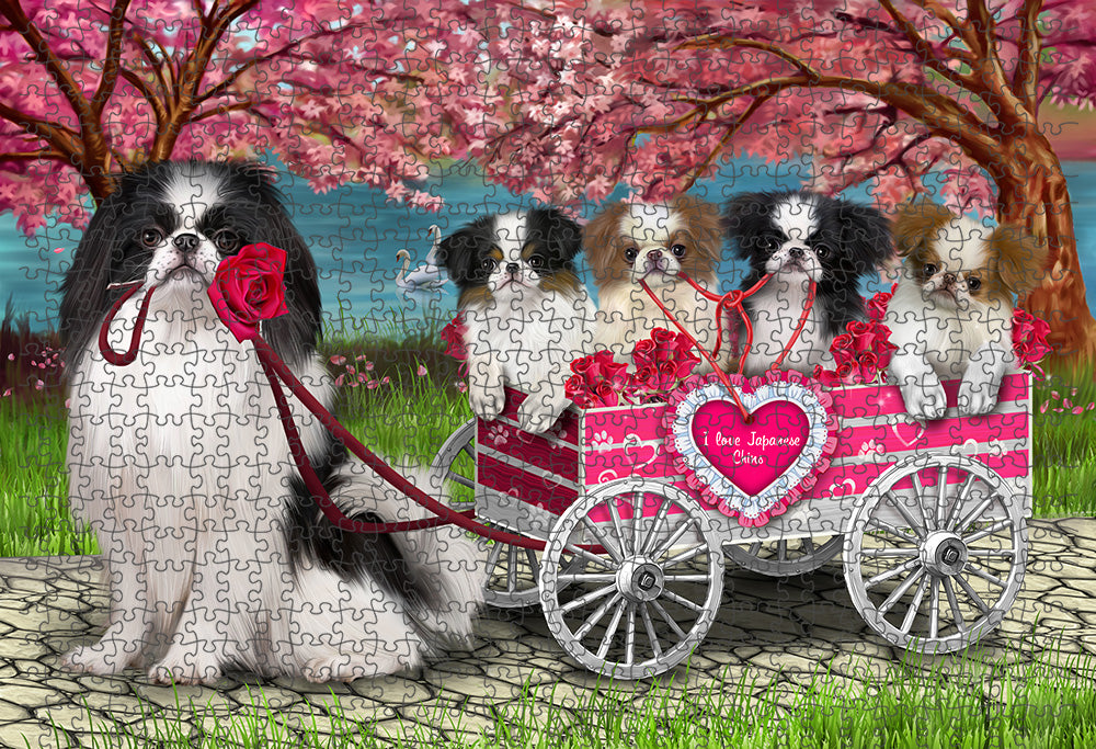I Love Japanese Chin Dogs in a Cart Portrait Jigsaw Puzzle for Adults Animal Interlocking Puzzle Game Unique Gift for Dog Lover's with Metal Tin Box