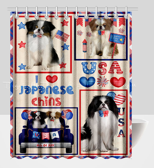 4th of July Independence Day I Love USA Japanese Chin Dogs Shower Curtain Pet Painting Bathtub Curtain Waterproof Polyester One-Side Printing Decor Bath Tub Curtain for Bathroom with Hooks