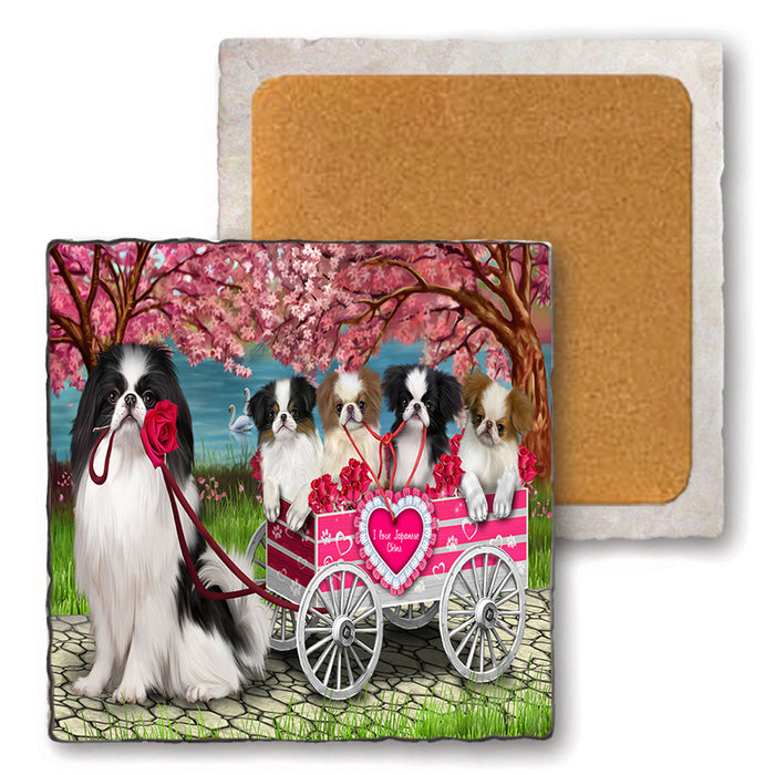 I Love Japanese Chin Dogs in a Cart Set of 4 Natural Stone Marble Tile Coasters MCST52118
