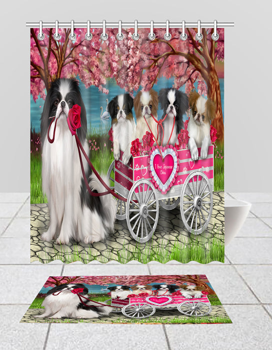 I Love Japanese Chin Dogs in a Cart Bath Mat and Shower Curtain Combo