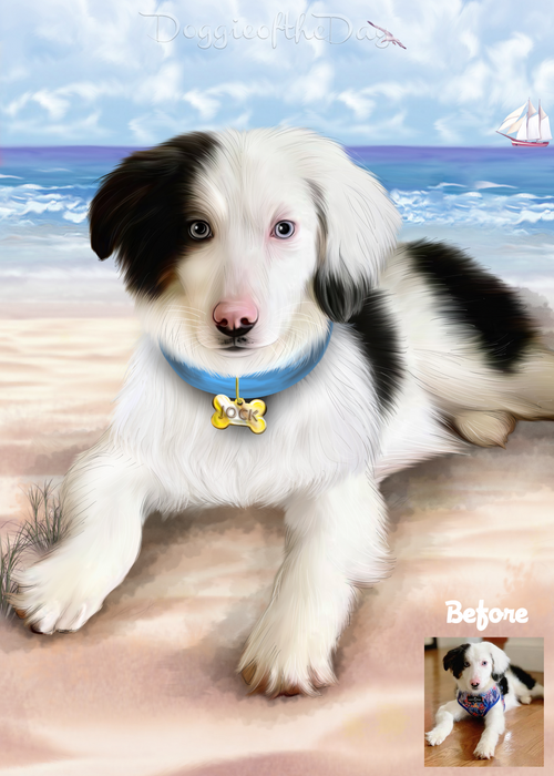 Custom Painting Art Photo Personalized Dog Cat in Pet Friendly Beach Background