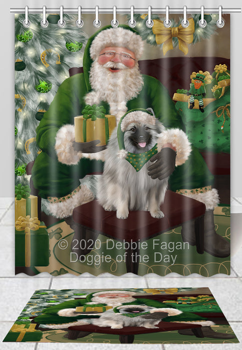 Christmas Irish Santa with Gift Keeshond Dog Bath Mat and Shower Curtain Combo