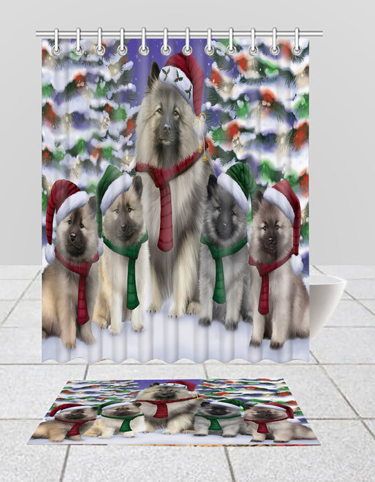 Keeshond Dogs Christmas Family Portrait in Holiday Scenic Background  Bath Mat and Shower Curtain Combo