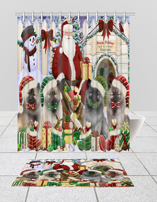 Happy Holidays Christmas Keeshond Dogs House Gathering Bath Mat and Shower Curtain Combo