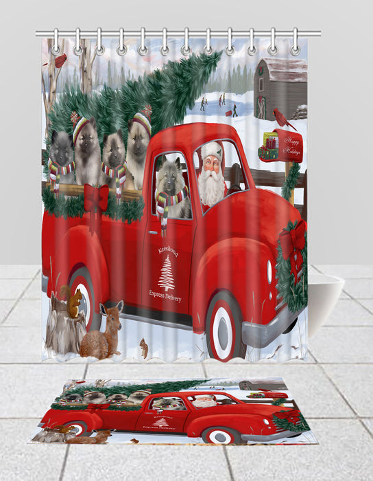 Christmas Santa Express Delivery Red Truck Keeshond Dogs Bath Mat and Shower Curtain Combo