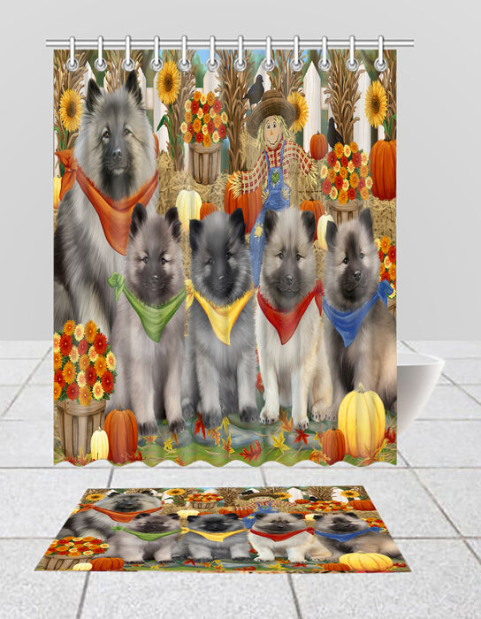 Fall Festive Harvest Time Gathering Keeshond Dogs Bath Mat and Shower Curtain Combo