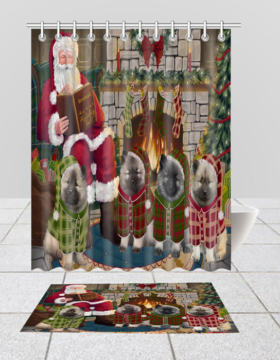 Christmas Cozy Holiday Fire Tails Keeshond Dogs Bath Mat and Shower Curtain Combo