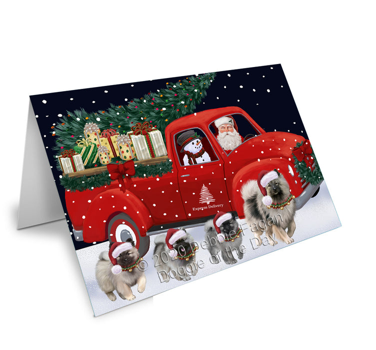 Christmas Express Delivery Red Truck Running Keeshond Dogs Handmade Artwork Assorted Pets Greeting Cards and Note Cards with Envelopes for All Occasions and Holiday Seasons GCD75155