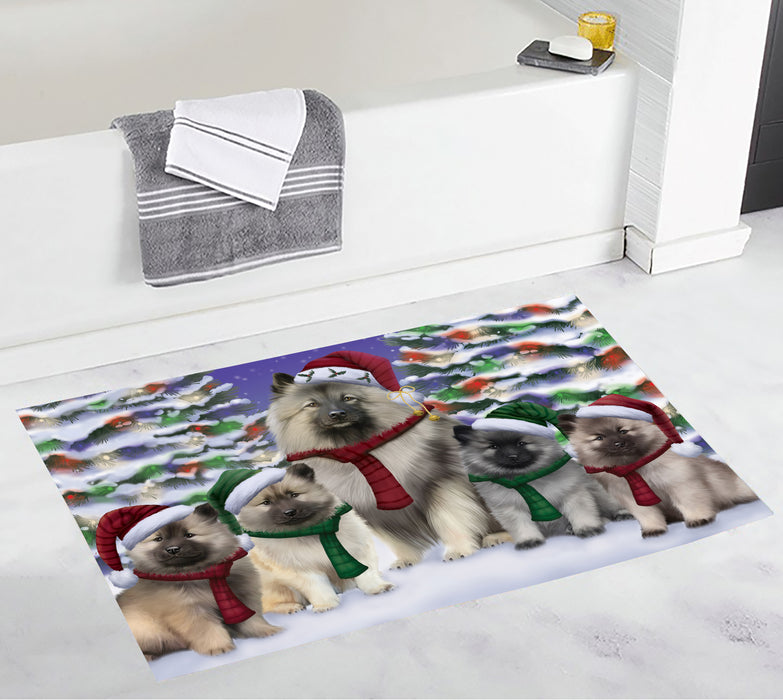 Keeshond Dogs Christmas Family Portrait in Holiday Scenic Background Bath Mat