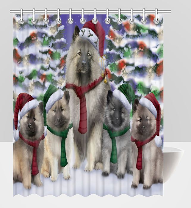 Keeshond Dogs Christmas Family Portrait in Holiday Scenic Background Shower Curtain