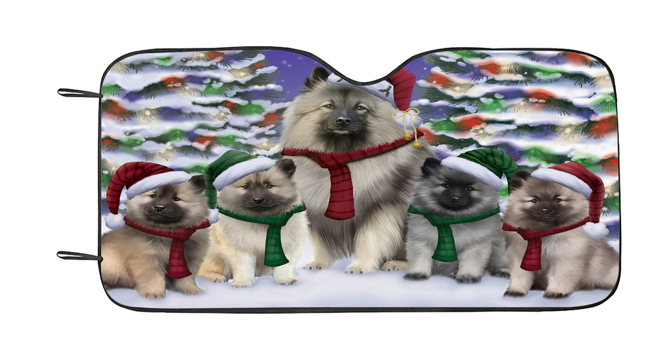 Keeshond Dogs Christmas Family Portrait in Holiday Scenic Background Car Sun Shade