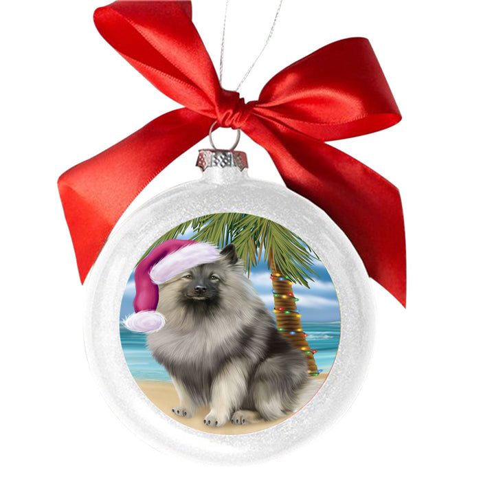 Summertime Happy Holidays Christmas Keeshond Dog on Tropical Island Beach White Round Ball Christmas Ornament WBSOR49379