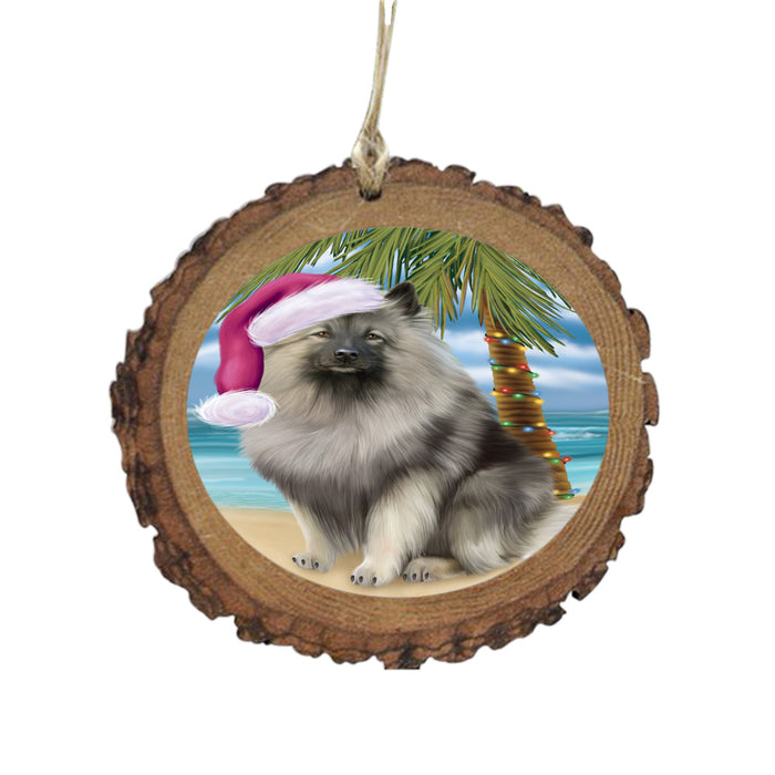 Summertime Happy Holidays Christmas Keeshond Dog on Tropical Island Beach Wooden Christmas Ornament WOR49379