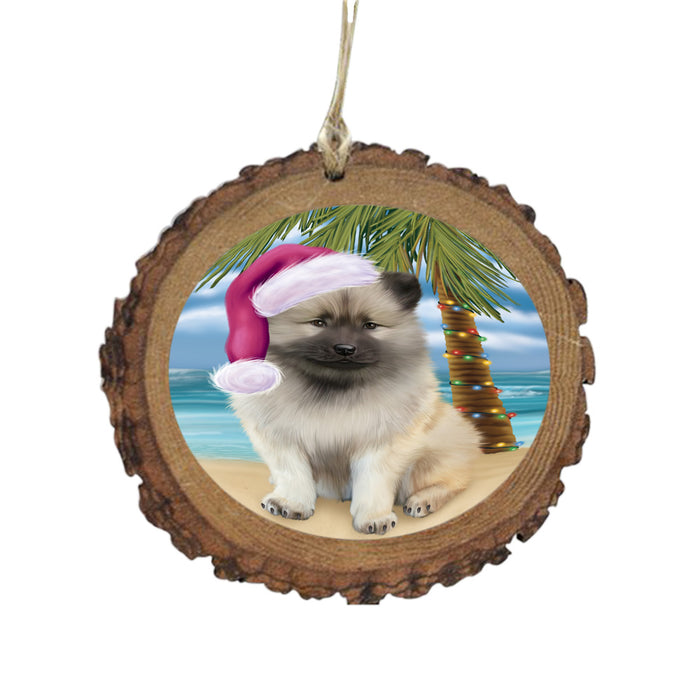 Summertime Happy Holidays Christmas Keeshond Dog on Tropical Island Beach Wooden Christmas Ornament WOR49380