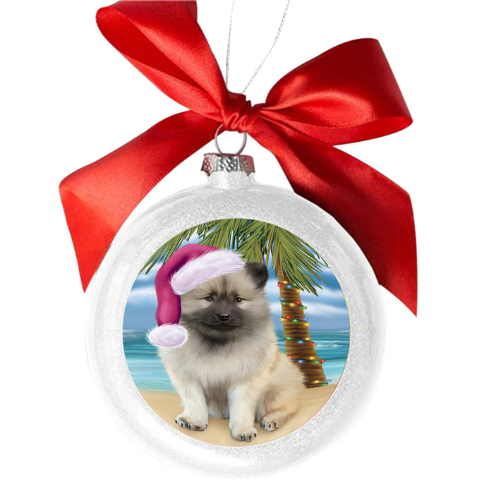 Summertime Happy Holidays Christmas Keeshond Dog on Tropical Island Beach White Round Ball Christmas Ornament WBSOR49380
