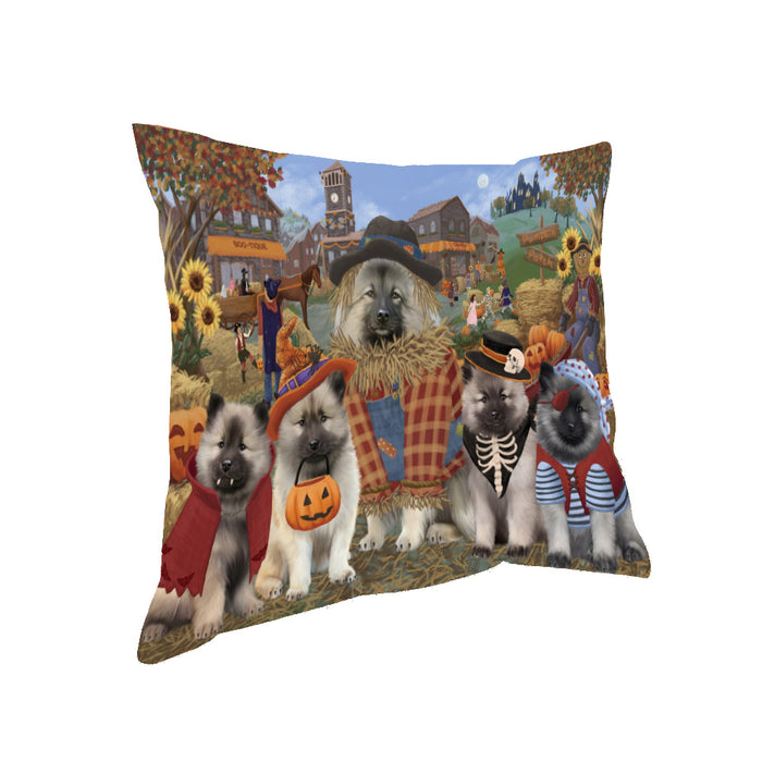Halloween 'Round Town And Fall Pumpkin Scarecrow Both Keeshond Dogs Pillow PIL82424