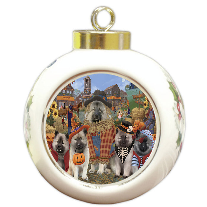 Halloween 'Round Town And Fall Pumpkin Scarecrow Both Keeshond Dogs Round Ball Christmas Ornament RBPOR57410