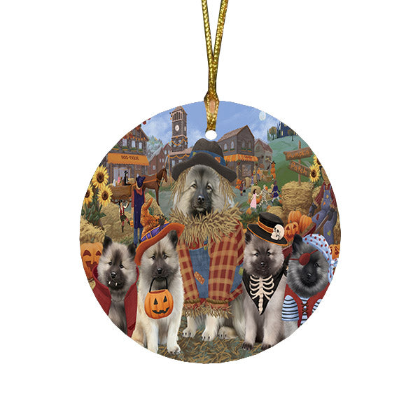 Halloween 'Round Town And Fall Pumpkin Scarecrow Both Keeshond Dogs Round Flat Christmas Ornament RFPOR57410