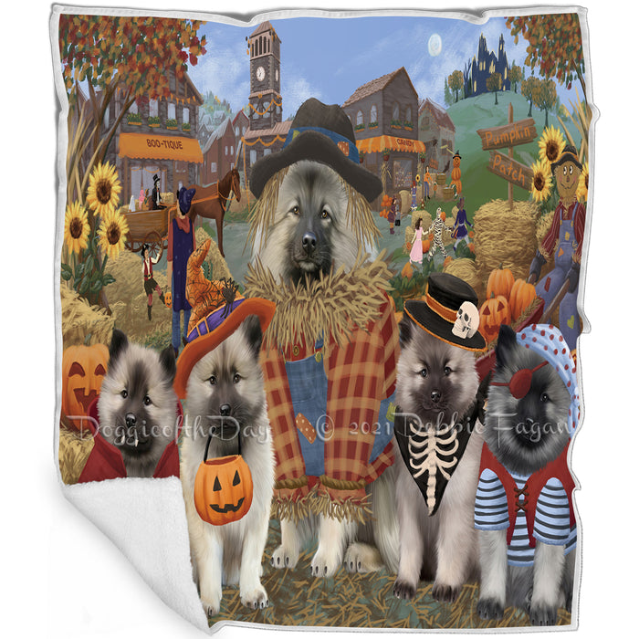 Halloween 'Round Town And Fall Pumpkin Scarecrow Both Keeshond Dogs Blanket BLNKT139016