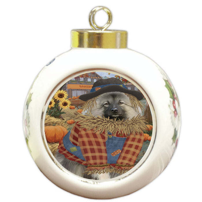Halloween 'Round Town And Fall Pumpkin Scarecrow Both Keeshond Dogs Round Ball Christmas Ornament RBPOR57471