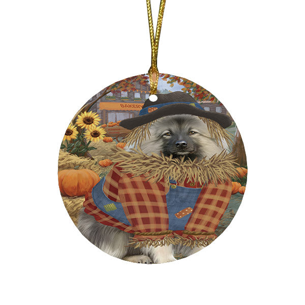 Halloween 'Round Town And Fall Pumpkin Scarecrow Both Keeshond Dogs Round Flat Christmas Ornament RFPOR57471