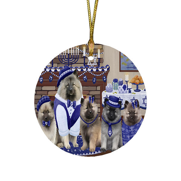 Happy Hanukkah Family and Happy Hanukkah Both Keeshond Dogs Round Flat Christmas Ornament RFPOR57532