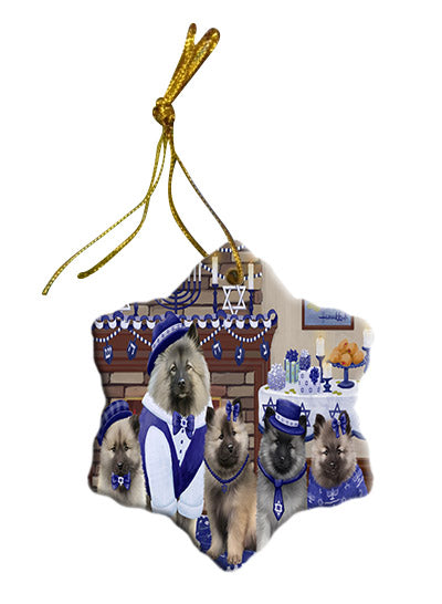 Happy Hanukkah Family Keeshond Dogs Star Porcelain Ornament SPOR57628
