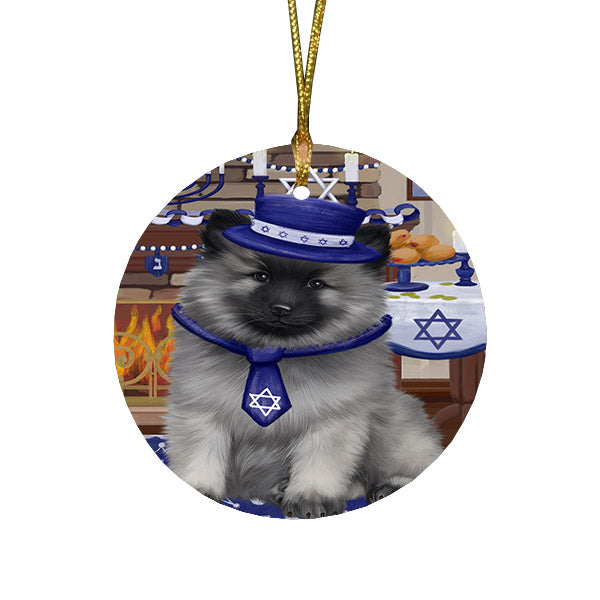Happy Hanukkah Family and Happy Hanukkah Both Keeshond Dog Round Flat Christmas Ornament RFPOR57588