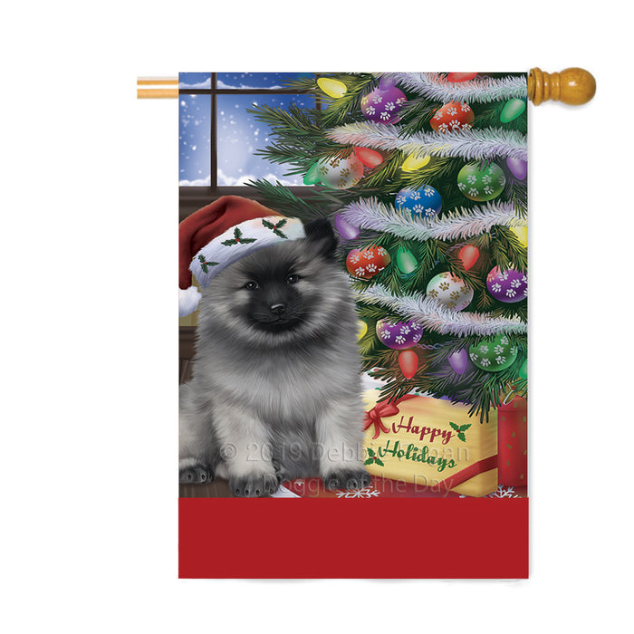 Personalized Christmas Happy Holidays Keeshond Dog with Tree and Presents Custom House Flag FLG-DOTD-A58697