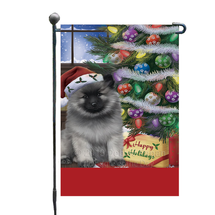 Personalized Christmas Happy Holidays Keeshond Dog with Tree and Presents Custom Garden Flags GFLG-DOTD-A58641