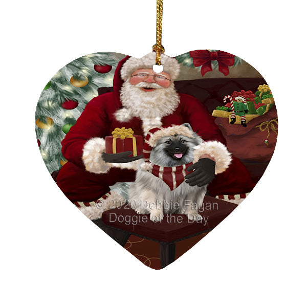 Santa's Christmas Surprise Keeshond Dog Heart Christmas Ornament RFPOR58377