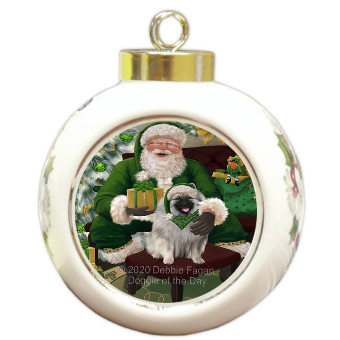 Christmas Irish Santa with Gift and Keeshond Dog Round Ball Christmas Ornament RBPOR57937