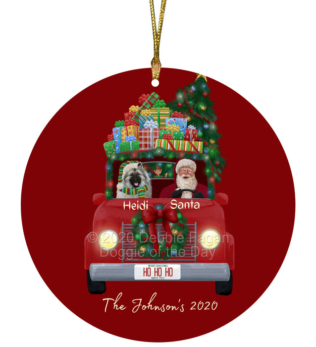 Personalized Christmas Honk Honk Red Truck Here Comes with Santa and Keeshond Dog Round Flat Ornament PRBPOR59087