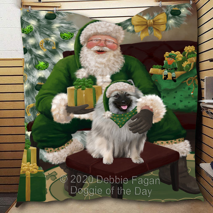 Christmas Irish Santa with Gift and Keeshond Dog Quilt Bed Coverlet Bedspread - Pets Comforter Unique One-side Animal Printing - Soft Lightweight Durable Washable Polyester Quilt