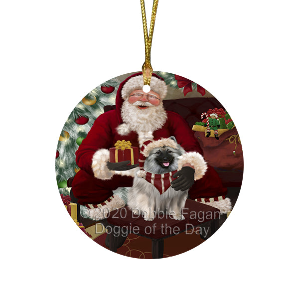 Santa's Christmas Surprise Keeshond Dog Round Flat Christmas Ornament RFPOR58035