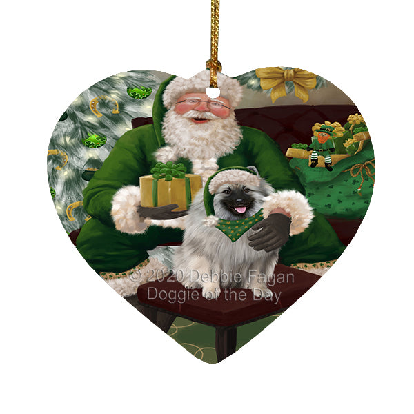 Christmas Irish Santa with Gift and Keeshond Dog Heart Christmas Ornament RFPOR58279