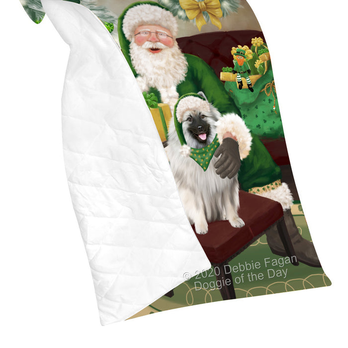 Christmas Irish Santa with Gift and Keeshond Dog Quilt Bed Coverlet Bedspread - Pets Comforter Unique One-side Animal Printing - Soft Lightweight Durable Washable Polyester Quilt