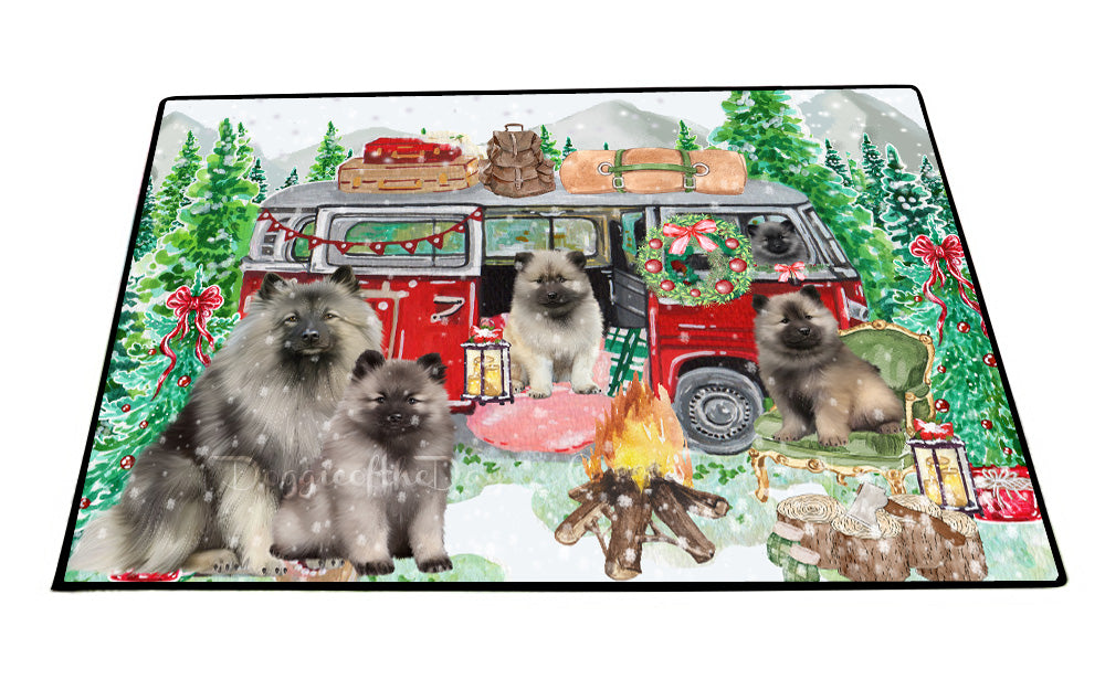 Christmas Time Camping with Keeshond Dogs Floor Mat- Anti-Slip Pet Door Mat Indoor Outdoor Front Rug Mats for Home Outside Entrance Pets Portrait Unique Rug Washable Premium Quality Mat