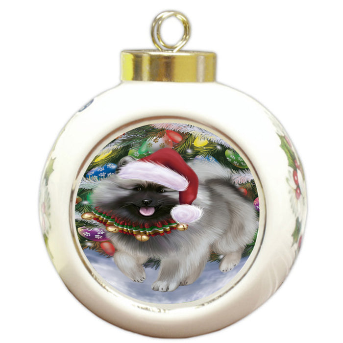 Trotting in the Snow Keeshond Dog Round Ball Christmas Ornament RBPOR58458