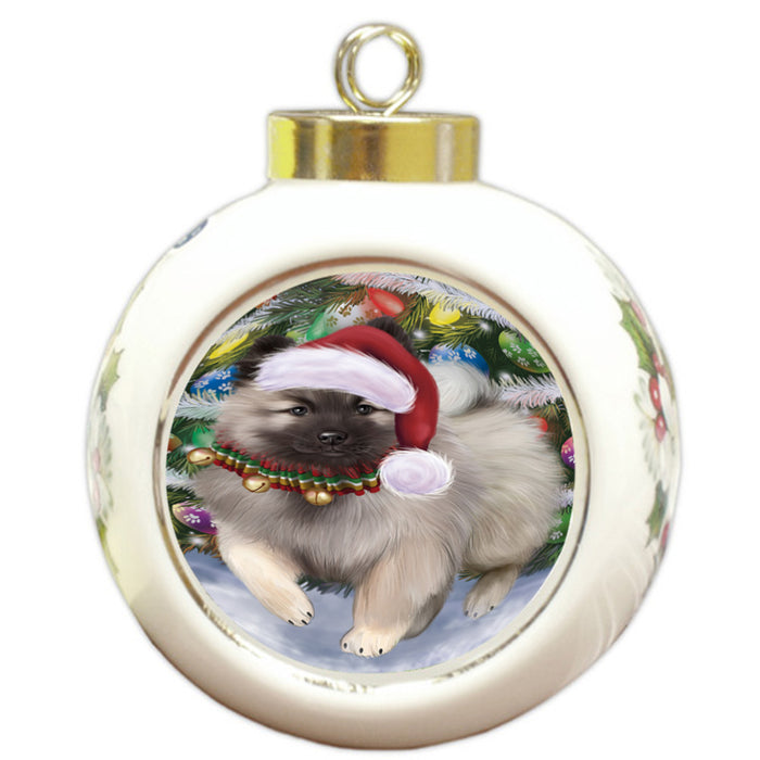 Trotting in the Snow Keeshond Dog Round Ball Christmas Ornament RBPOR58459