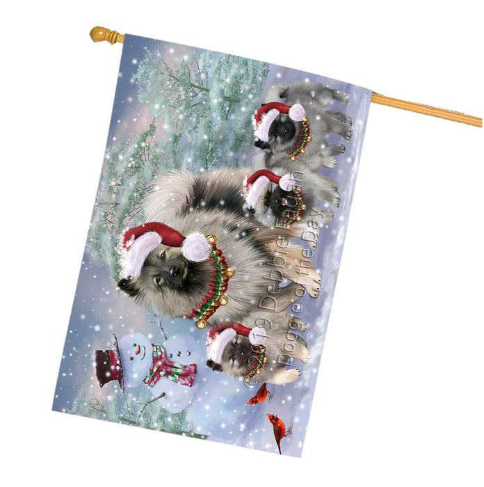 Christmas Running Family Keeshond Dogs House Flag Outdoor Decorative Double Sided Pet Portrait Weather Resistant Premium Quality Animal Printed Home Decorative Flags 100% Polyester