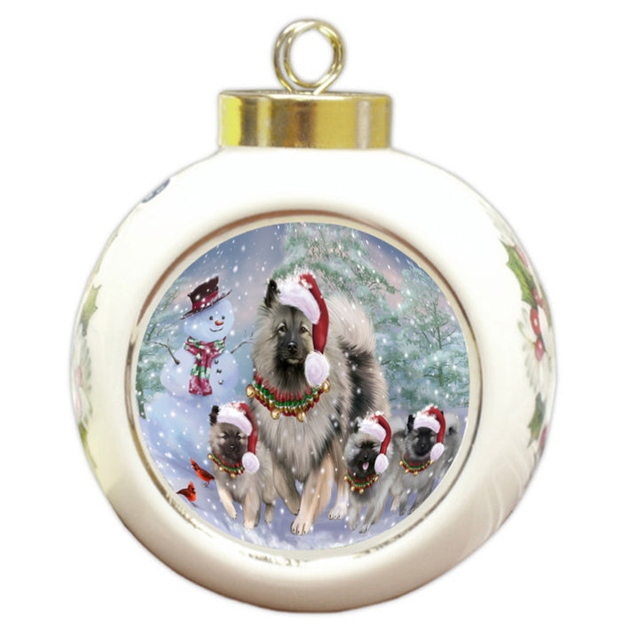 Christmas Running Family Keeshond Dogs Round Ball Christmas Ornament RBPOR58432