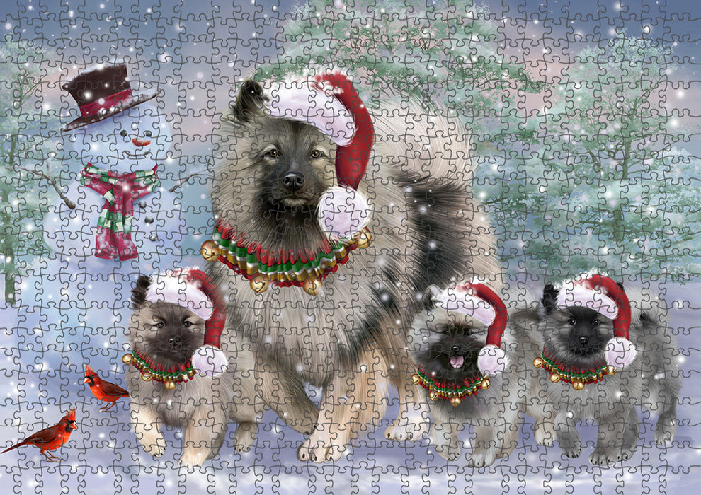 Christmas Running Family Keeshond Dogs Portrait Jigsaw Puzzle for Adults Animal Interlocking Puzzle Game Unique Gift for Dog Lover's with Metal Tin Box