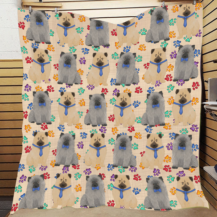 Rainbow Paw Print Keeshond Dogs Blue Quilt