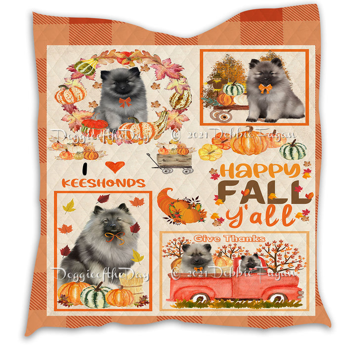 Happy Fall Y'all Pumpkin Keeshond Dogs Quilt Bed Coverlet Bedspread - Pets Comforter Unique One-side Animal Printing - Soft Lightweight Durable Washable Polyester Quilt