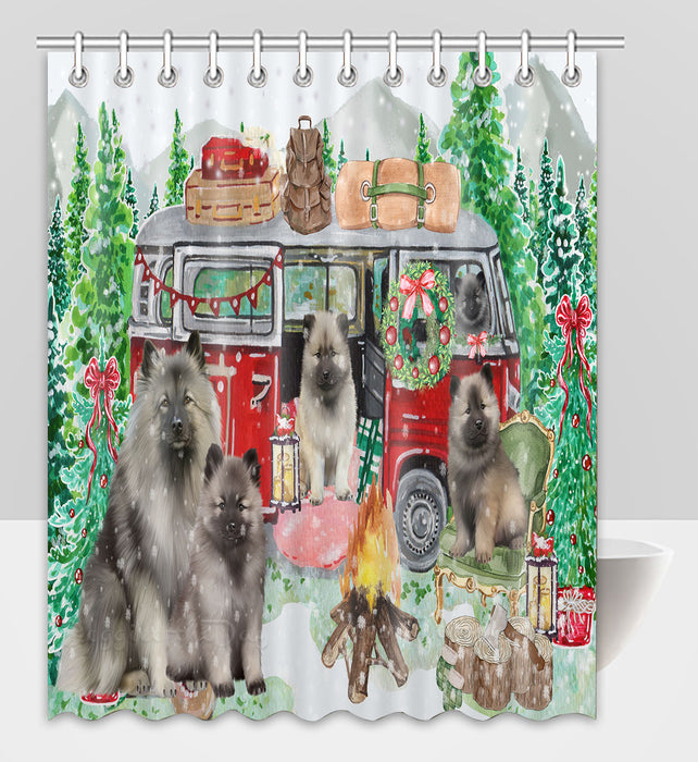 Christmas Time Camping with Keeshond Dogs Shower Curtain Pet Painting Bathtub Curtain Waterproof Polyester One-Side Printing Decor Bath Tub Curtain for Bathroom with Hooks