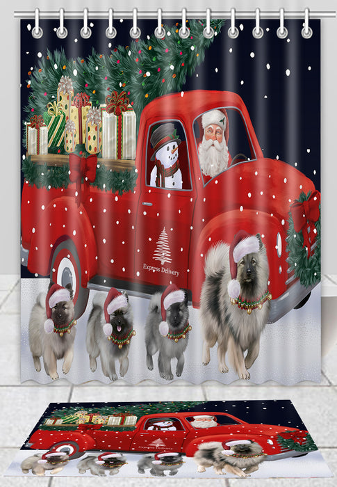 Christmas Express Delivery Red Truck Running Keeshond Dogs Bath Mat and Shower Curtain Combo